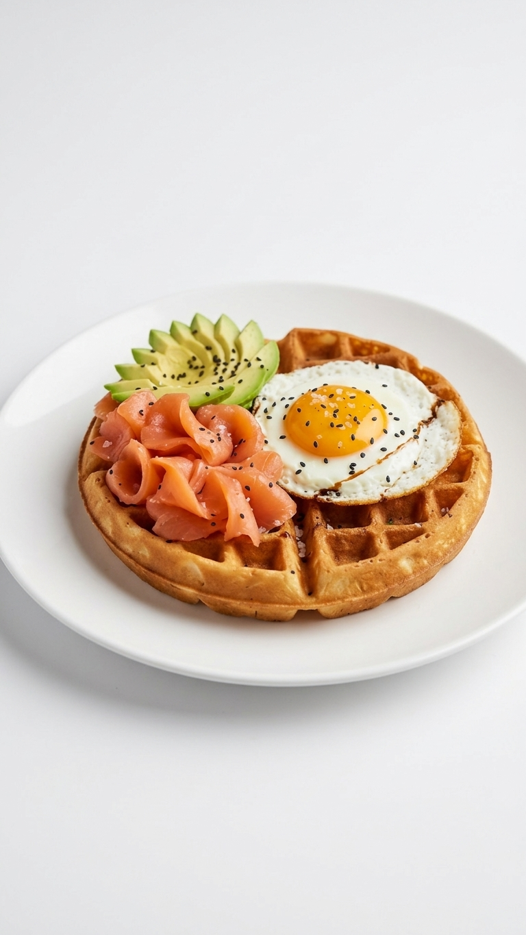 Gofre con aguacate, salmón y huevo